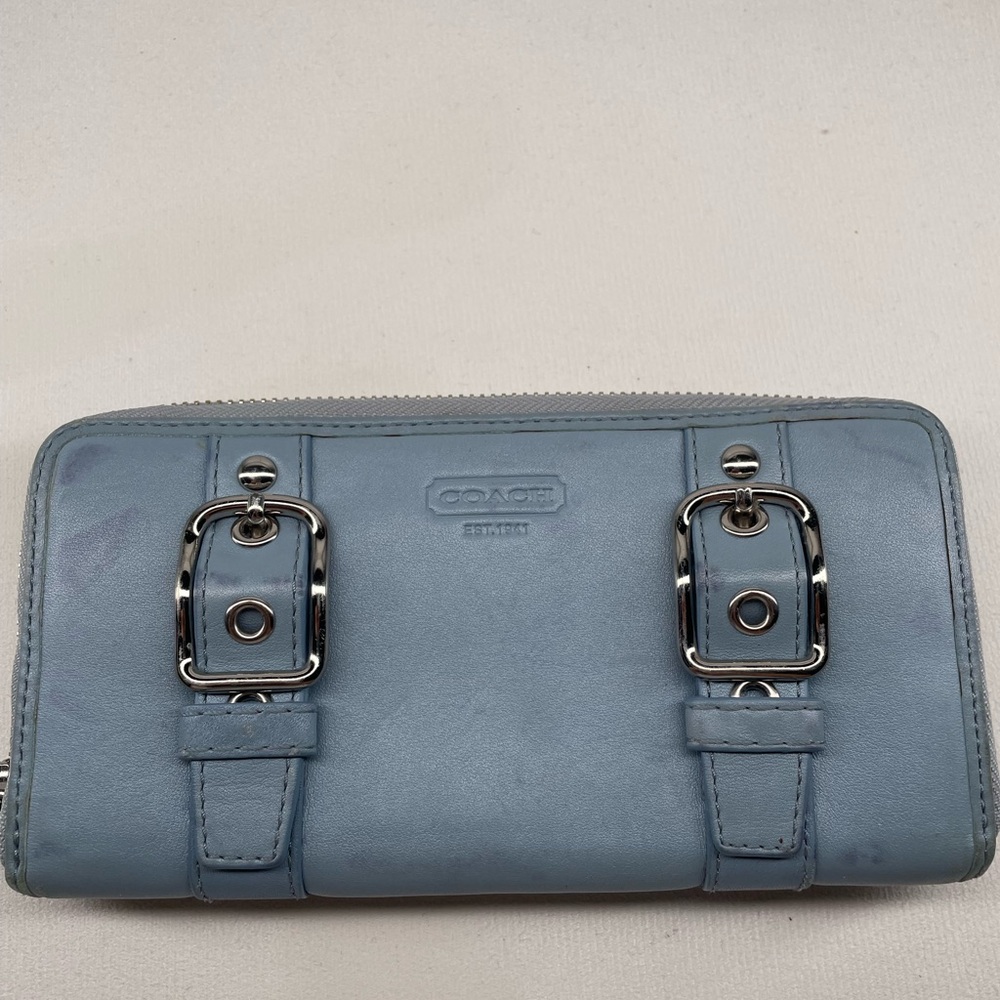 Coach Light Blue Leather Zip Wallet with Silver Hardware